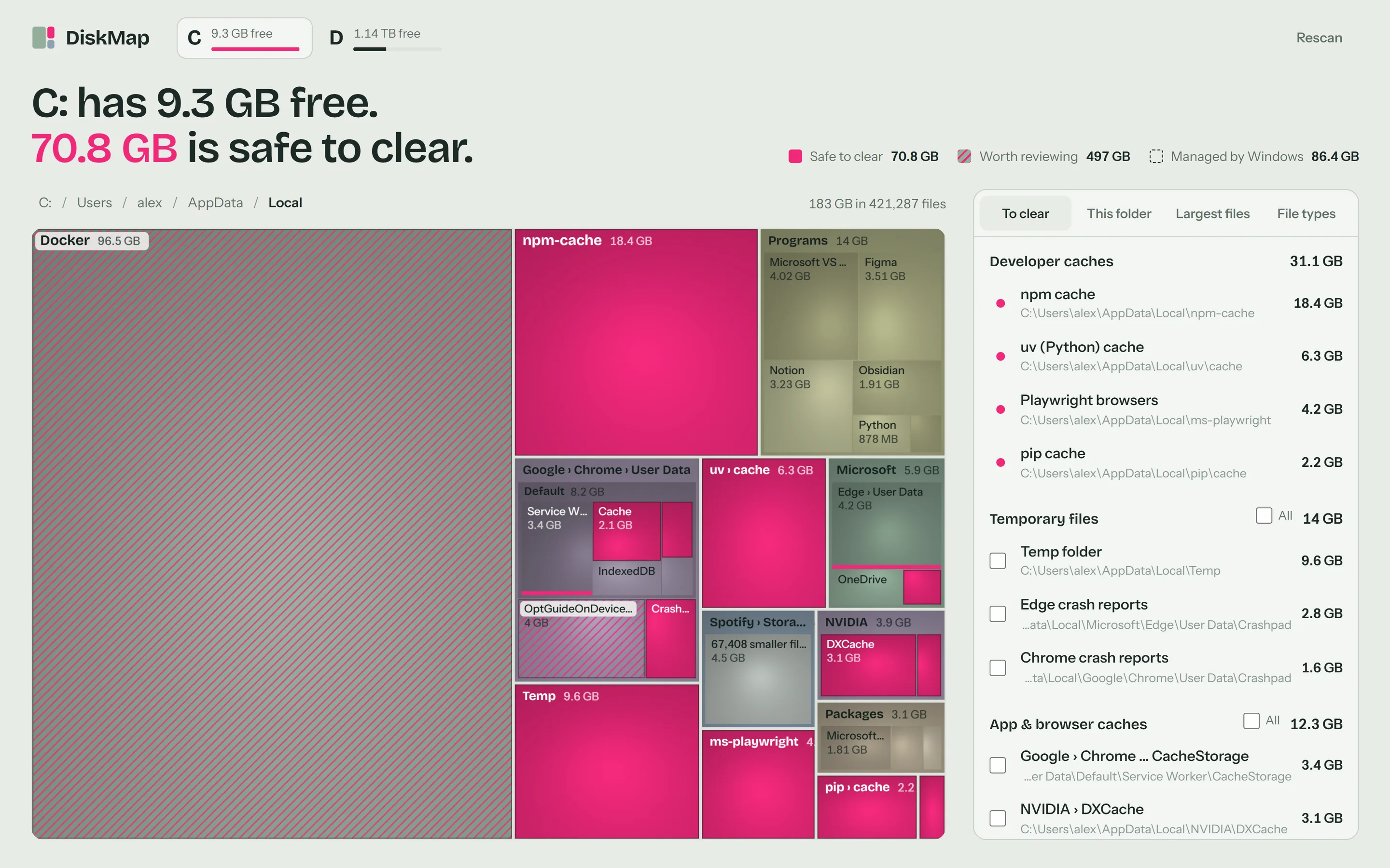 DiskMap zoomed into the AppData folder: npm cache, Temp, Chrome caches and Python caches are marked pink, with a list of what to clear beside the map