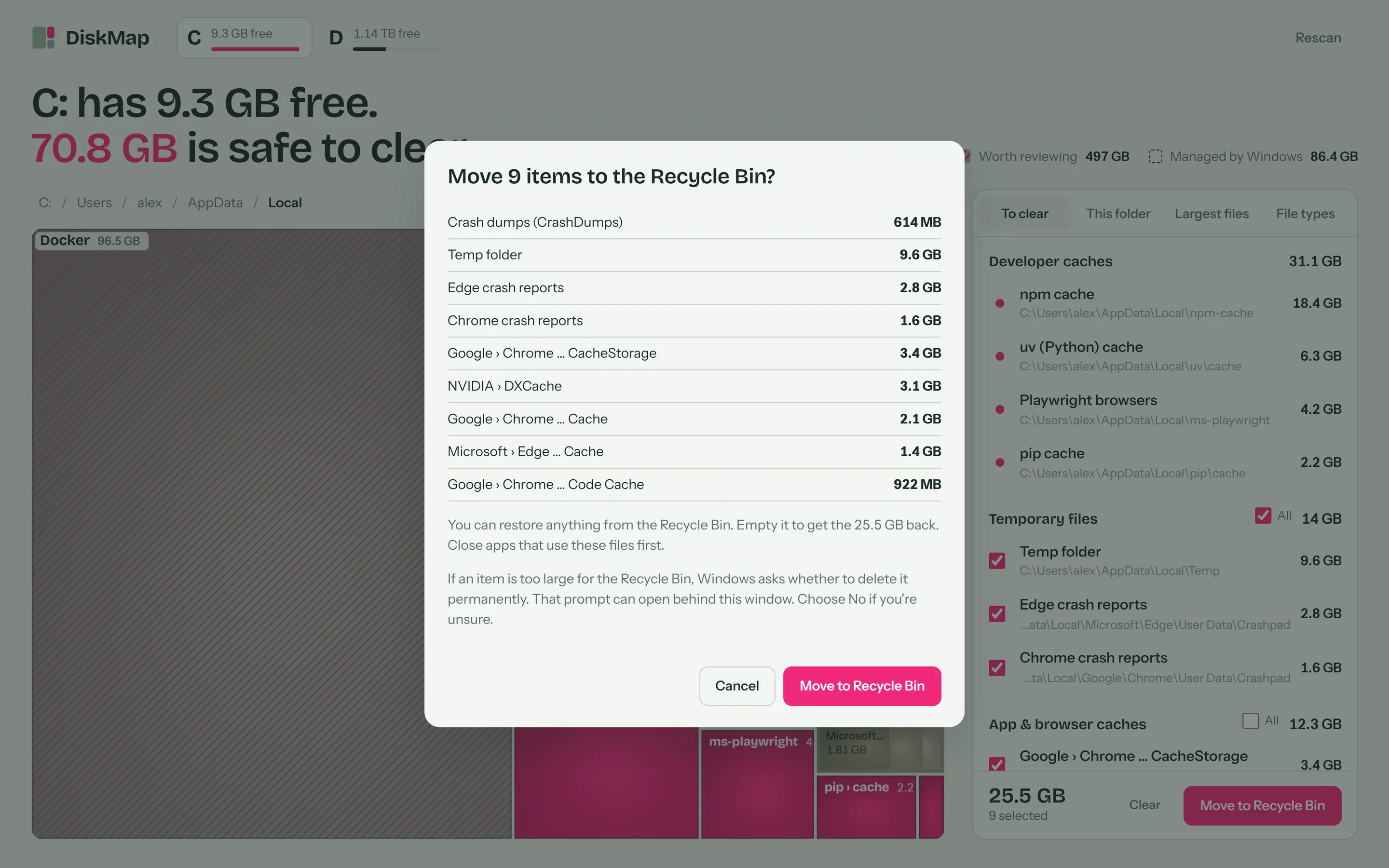 The confirm dialog listing nine items and 25.5 GB to move to the Recycle Bin