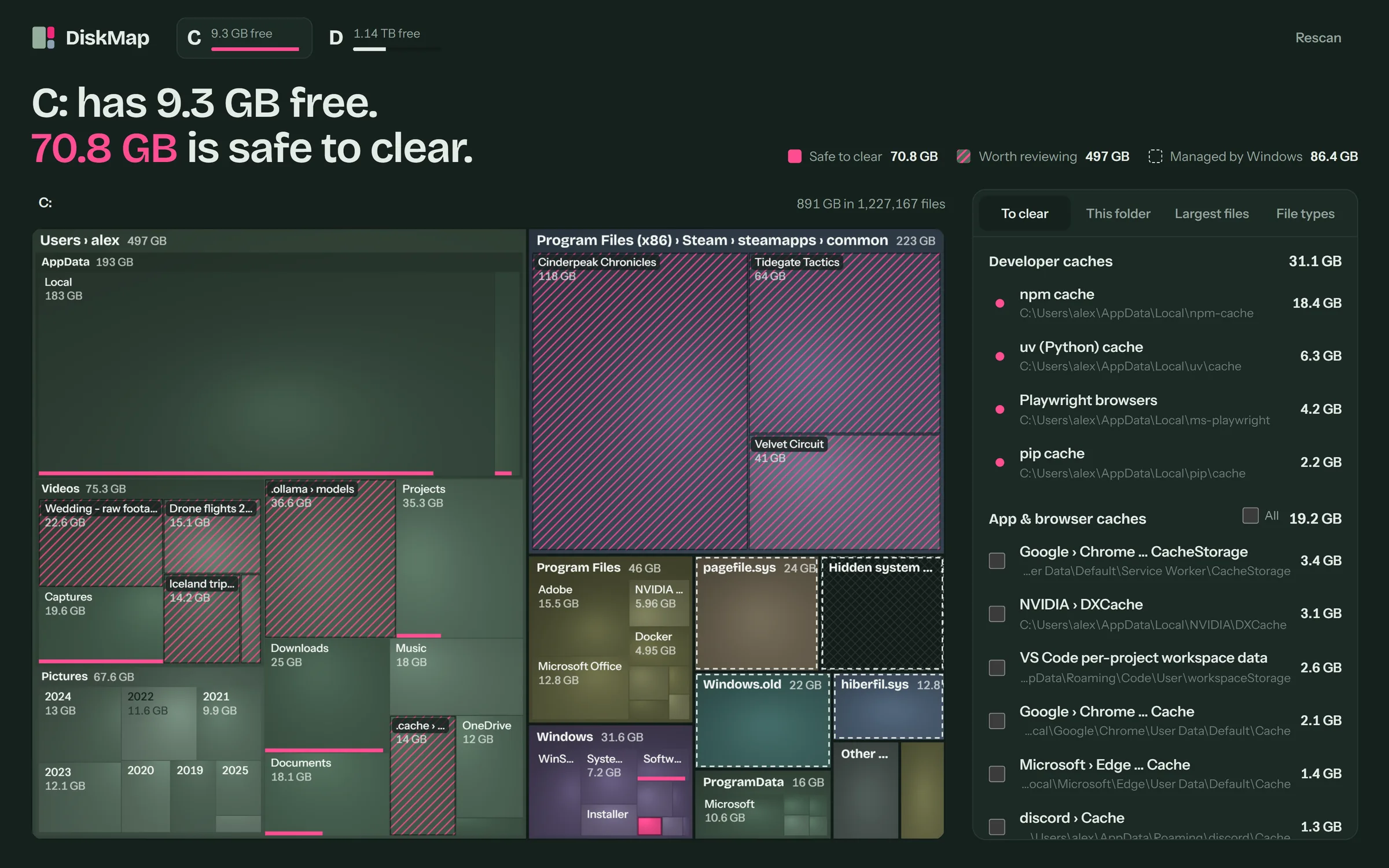 DiskMap in dark mode showing the whole C: drive